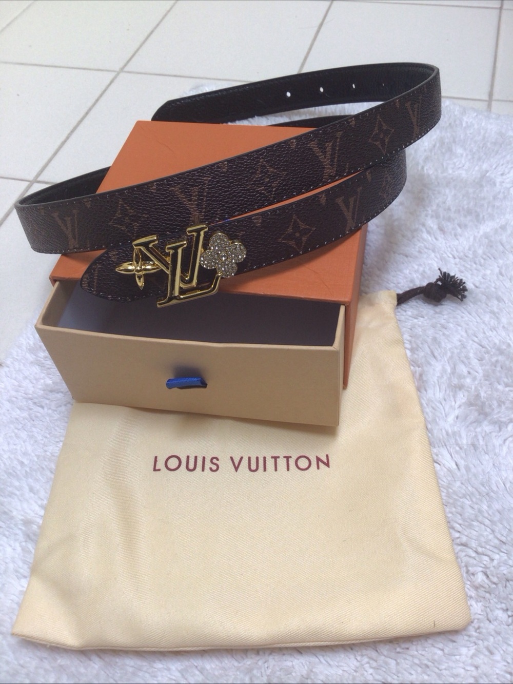 Louis Vuitton Brown Monogram LV Buckle Belt with Crystal Accent reversible 38”